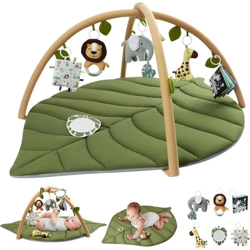 Blissful Diary Baby Play Gym & Activity Mat, Oversize Leaf Shaped Baby Play Mat w 6 Detachable Toys, Tummy Time Mat Promote Motor Skills & Sensory Development Mat