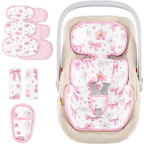 Hooyax Infant Car Seat Insert with Ultra-Thick Head Support - Universal 3-in-1 Baby Car Seat Cushion Set, Dual-Sided Newborn Carseat Insert for Carseat, Stroller, Bouncer, Swing(Bow)