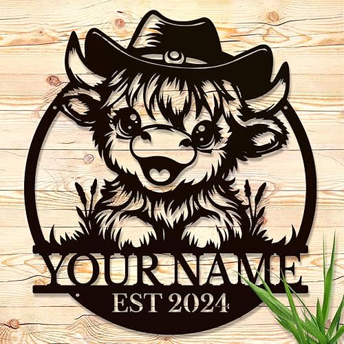 Personalized Highland Cow Name metal Signs,Custom Highland Cow Metal Shed Wall Decor,Black Metal Wall Art Plaques Outdoor wall Decorative Signage【8inch-30inch】 (Style A)