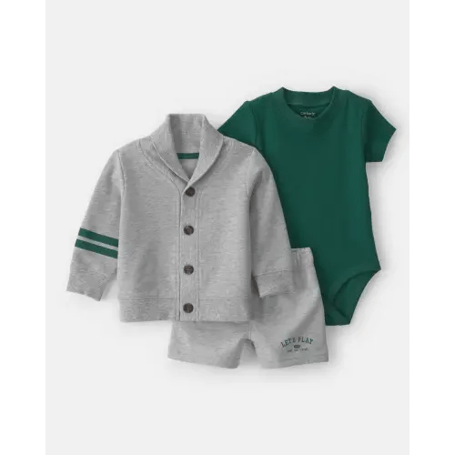 Baby Boy 3-Piece Varsity Cardigan, Bodysuit & Short Set - Green/Grey | Carter's