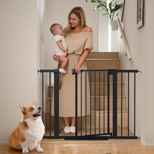 Mumeasy 29.6-46" Baby Gate for Stairs, Pressure Mounted Dog Gate for Doorways, Auto Close Pet Gate for Indoor Use, Extra Wide Child Gate with Walk Thru Door Black, Mom's Choice Awards Winner