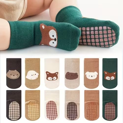 6 pairs boys girls non slip first walkers socks cute fox - Temu