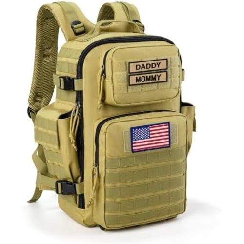 SHARKMOUTH Military Diaper Bag for Dad - Insulated Baby Diaper Backpack with Patches for Hiking Travel Camping - Baby Shower Gifts Tan