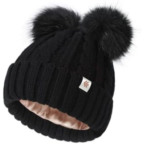 Kids Beanie Satin Lined Winter Beanie Hat for Baby Boy Girl Warm Todders Beanie with Double Pom Pom Ears 1-7 Years