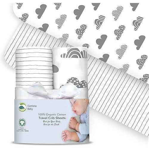 100% Organic Cotton Fitted Travel Crib Sheets, Perfectly Compatible with Guava Lotus, BabyBjorn, Dream On Me and All mattresses 22-26" Wide by 40-44" Long. Strap Holes in Corners. 2 Pk