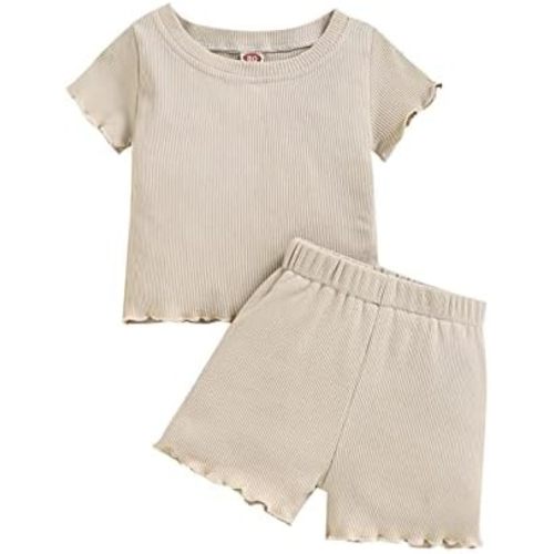 Toddler Baby Girl Summer Clothes Ribbed Knit Cotton Cute Summer Outfits Short Sleeves 2 Pieces Shorts Set 12M - 5T