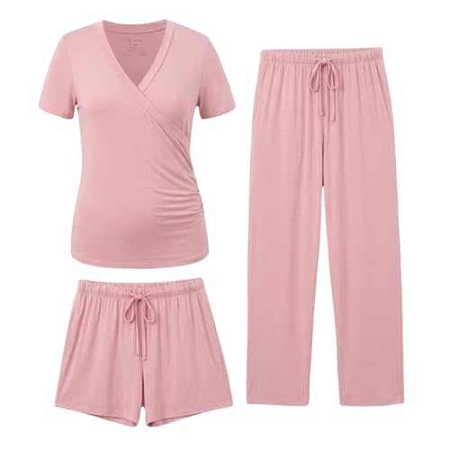 PATPAT 3-Piece Maternity Nursing Pajamas, Womens Lounge Set with Pockets | Pregnancy through postpartum, everyday sleepwear, soft fabric, easy nursing access, adjustable waistband, shorts and pants