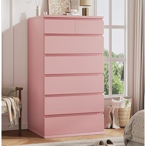 Pink Tall 7 Drawer Dresser for Bedroom, Modern Wood Closet Dressers & Chests of Drawers with Jewelry Storage, 23.6" L*15.8" W*47.5" H in Large Vertical Dresser for Bedroom, Living Room, Nursery
