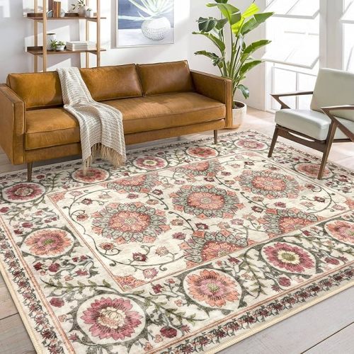 Modern Floral Washable 5x7 Area Rugs, Coral Low Pile Rugs for Living Room Non-Slip Ultra Thin Soft Dining Room Bedroom Rug for Girls, Kids Room, Nursery, Dorm, Office, College