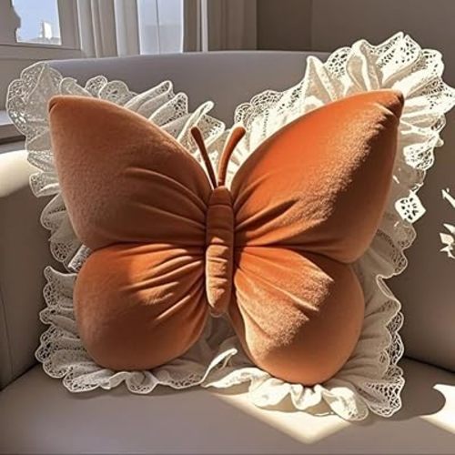 PEACH CAT Butterfly Pillow with Lace Trim Decorative Butterfly Shaped Throw Pillows 16" x 16" Soft Plush Cushion Decor for Bedroom Living Room Sofa Couch Orange