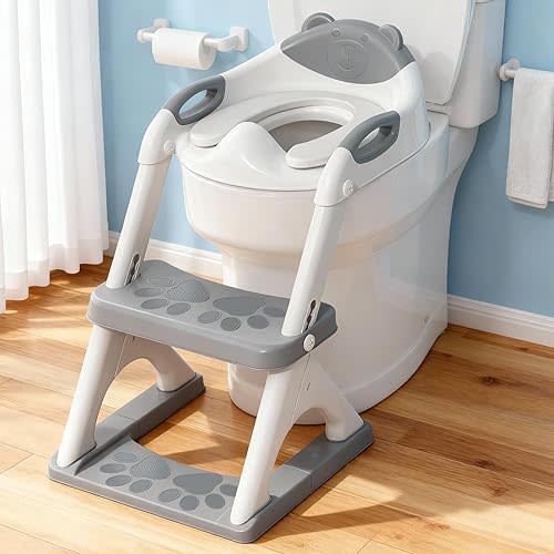 Potty Training Seat, SKYROKU Upgrade Toddler Toilet Seat for Kids Boys Girls, 2in1 Potty Training Toilet, Splash Guard Anti-Slip Pad Step Stool,New Sector-Shape Stabilized Base and heavier (8899 Grey)