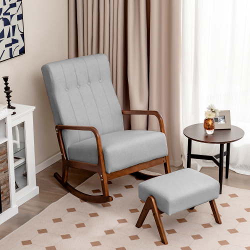 Amijoy Nursery Rocking Chair w/ Ottoman, Upholstered Rocker Chair w/ Footrest, Stable Rubber Frame & Tufted Backrest, Modern Rocking Chairs