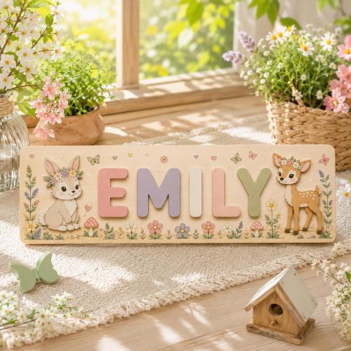Personalized Woodland Name Puzzle, Custom Deer Bunny Board, Montessori Learning Toy, Wooden Toddler Gift, Nursery Decor