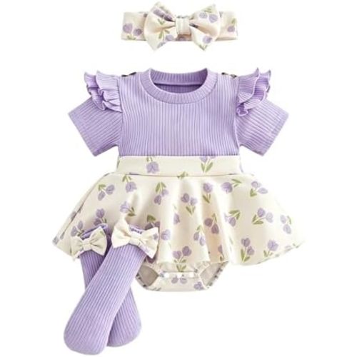 Giraropa Newborn Baby Girl Clothes Smocked Bubble Romper Dress + Socks + Headband Cute Spring Summer Baby Girl Clothes