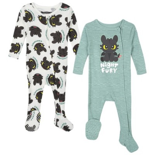 DreamWorks How to Train Your Dragon Toothless Newborn Baby Boys 2 Pack Ribbed Sleep N' Plays 2-Way Zip Cream / Sage Green 0-3 Months
