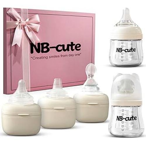 Glass Baby Bottles Anti Colic Set 2 Pack 4oz and 6oz BPA Free Heat Resistant Borosilicate Glass with 3 Silicone Nipples Wide Neck Gift Box Baby Shower Easy to Sterilize for Newborn Infant 0-9 Months