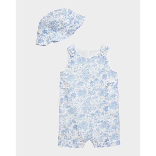 Boy's Printed Bubble Romper w/ Hat Set, Size 3M-24M