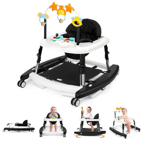 XIOYIG 5 in 1 Baby Walker, Music and Lights Walker for Baby Boy Girls 6-18 Months, Foldable Baby Walkers with Wheels and Bouncer Combo Portable, Toddler Infant Walker with Adjustable Height,Black