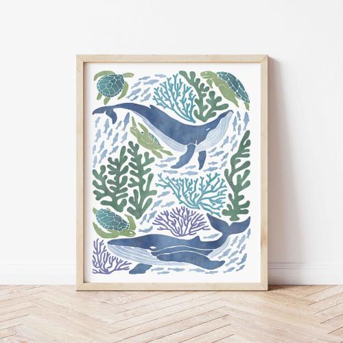 Ocean Animals Wall Art Set, Watercolor Ocean Decor Mermaid Art Print Whale Ocean Nursery Coastal Wall Decor Underwater Art Set Kids Bedroom