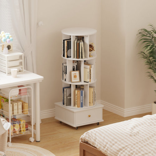 Latitude Run® 3-Tier Rotating Bookcase with Wheels and Drawers, 360° Swivel Corner Bookshelf, Solid Wood Storage Tower with Lockable Casters, Narrow Spinning Organizer for Living Room, Bedroom(White) | Wayfair