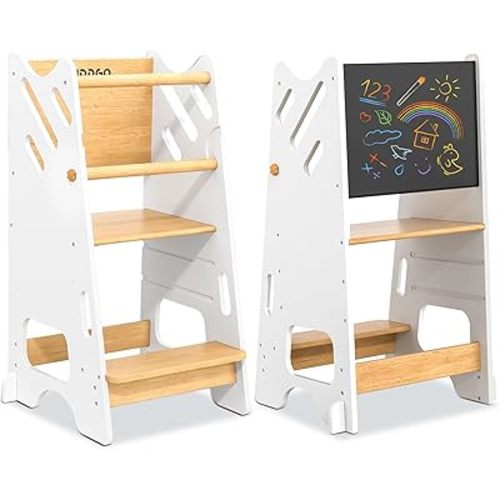 Toddler Standing Tower with Safty Rail & Non-Slip Pads, 3 Height Adjustable Toddler Tower with Chalkboard, Great for Kitchen Activities, Hand Washing & Creative Play, White
