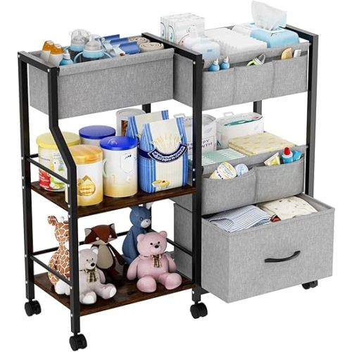 Baby Diaper Caddy Organizer and Storage, 3 Tier Rolling Cart with Dividers and Drawers, Mobile Utility Cart with Wheels for Nursery, Bedroom, Baby Newborn Essentials Storage Cart, Black