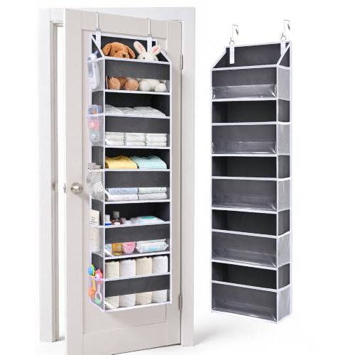 ULG 1 Pack Over Door Organizer with 5 Large Pockets 10 Mesh Side Pockets, 44 lbs Weight Capacity Hanging Storage Organizer with Clear Window Kids Toys, Diapers, Dark Grey, 5 Layers