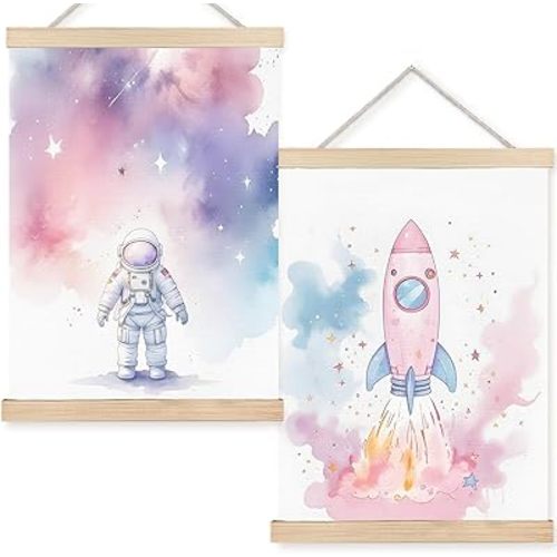 FDHSPAAM Pink Space Wall Art Decor, Space Nursery Decor, Pastel Cosmic Astronaut Star Rocket Wall Art Posters for Girls Bedroom Nursery Playroom, 12x16 Inch Set of 2