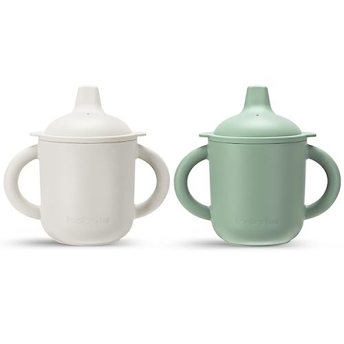 Leeleelon Silicone Sippy Cups for Baby, 100% Leak-Proof Training Cup for Toddler with Handles, Soft Spout Sippy Cup for Infants, 6+ Months, 6oz/180ml (Pack of 2) - 2 Count (Pack of 1) - Cambridge Blue/Beige White