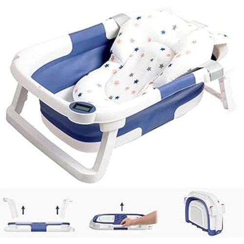 NAPEI Collapsible Baby Bathtub for Infants to Toddler, Portable Travel Bathtub Multifunctional Bathtub with Drain Hole, Baby Folding Bathtub for Newborn 0-36 Month (Blue+Floating Baby Bath Cushion)