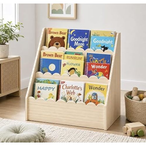 Scalloped Kids Book Shelf, Montessori 3-Tier Wooden Toddler Bookshelf for Ages 1–5, Nursery & Kids Room Bookshelf, Safe & Sturdy Playroom Book Shelf, Natural Wood