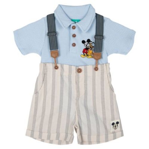 Disney Mickey Mouse Infant Baby Boys Ribbed Polo Bodysuit and Shorts Outfit Set Pale Sky Blue / Cream 12 Months