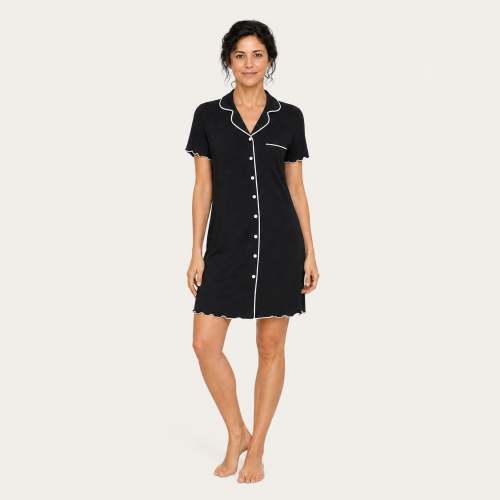 Women's Piped Nightgown - Button-Down, Notch Collar