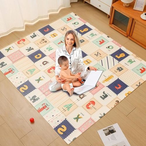 Baby Play Mat for Floor 79 x 71”Reversible Foldable Foam Extra Large Thick Foam Playmat Babies Waterproof Crawling Mat for Infants Toddlers and Kids Indoor Outdoor Use (Alphabet and Dinosaurs)