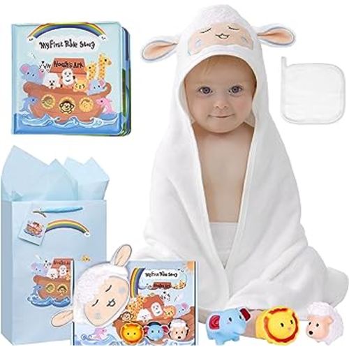 My First Noahs Ark 7 pcs Baptism Gift Set, Dedication, Christening and Baptism Gifts for Boys and Newborn Baby, Includes Washcloth and Hooded Towel, Baby Bath Book, 3 Bath Toys and Gift Bag