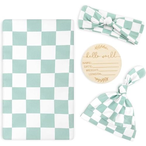 TANOFAR Newborn Swaddle Blanket for Baby Girls & Boys, Ultra Soft Receiving Blankets with Matching Headband and Beanie Set Baby Nursery Swaddle Wrap, Green Checkerboard