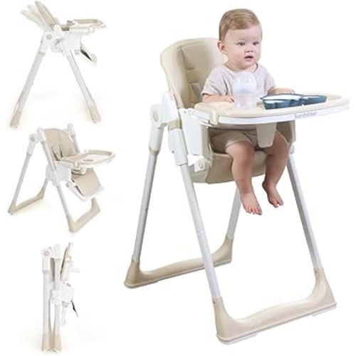 3 in 1 Baby High Chair with Wheels, Adjustable 5 Point Harness, Tray, Foot Rest, Backrest and Seat Height, Foldable High Chair for Toddlers, Beige