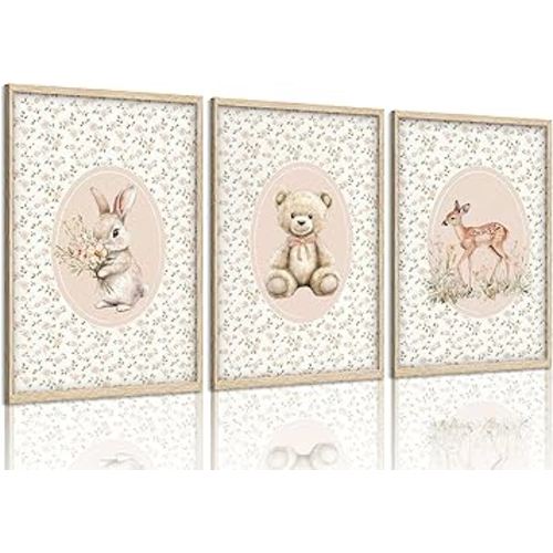 Pink Baby Girl Nursery Wall Art Vintage Sage Green Floral Woodland Animal Picture Wall Decor Bunny Teddy Bear and Deer Poster Country Farmhouse Painting Print Artwork for Kids Room Bedroom, Unframed