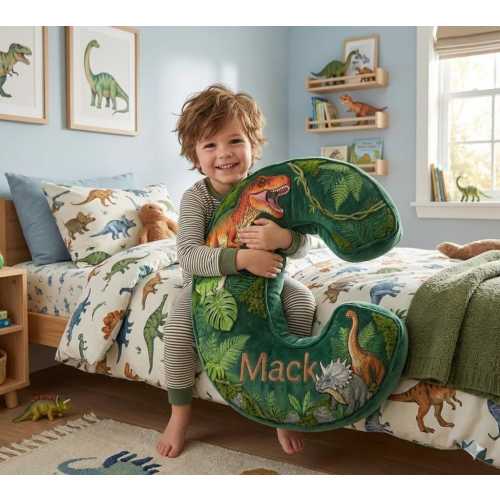 Personalized Dinosaur Letter Pillow Custom Name Kids Rm Decor Alphabet Cushion Flat Printed 3D Look NOT Embossed Jurassic Initial Xmas Gift
