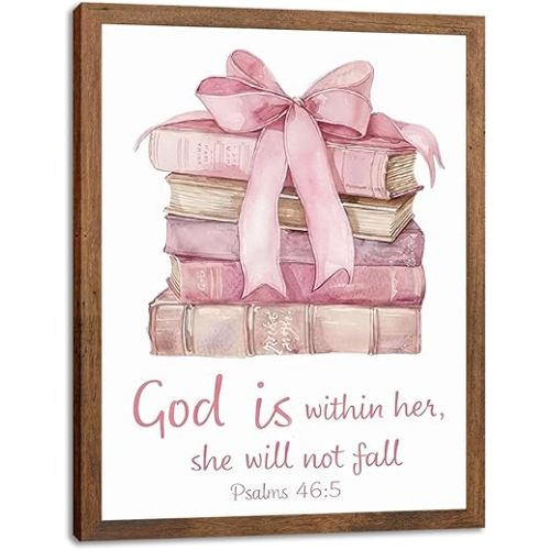 SEHSUVC Pink Bows Books Bible Verse Christian Canvas Wall Art, Wood Framed Trendy Religious Wall Decor, Cute Coquette Preppy Girls Aesthetic Room Decor Gifts for Bedroom Living Room Home Decor 8x10inch