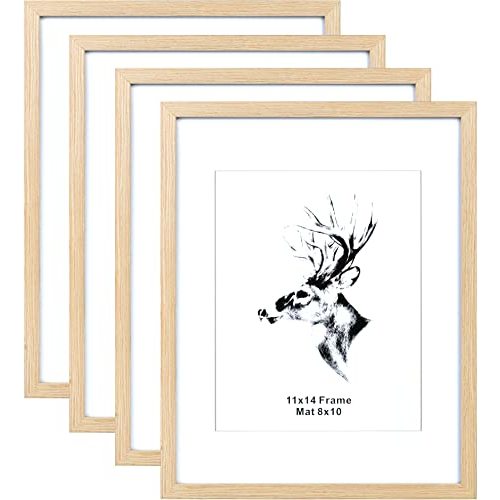 Yaetm 11x14 Wood Picture Frame with Mat for 8x10 Set of 4, Natural Solid Oak Wood 11x14 Frame with Tempered Glass for Horizontal and Vertical Wall Mounting (4 pack, Oak)