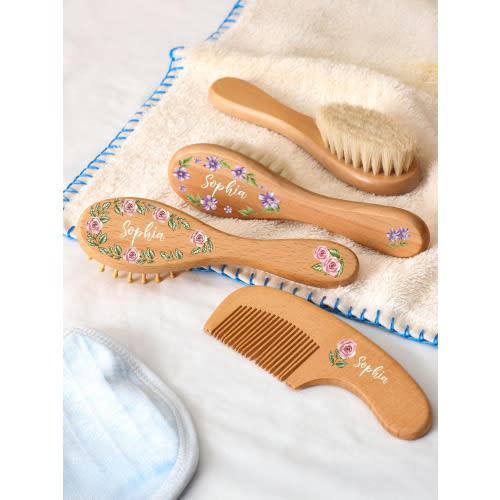 Custom Wooden Baby Hairbrush Set, Personalized Wooden Hair Brush and Comb Set, Baby Shower Gifts