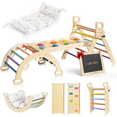 BlueWood Pikler Triangle Set with Cushion, 8-in-1 Foldable Wooden Toddler Climbing Toys Indoor Playground Jungle Gym Montessori Philosophy Climber for 2-6 Years Old, Baby, Kids (Rainbow)
