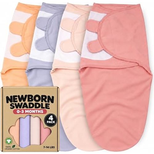 Newborn Swaddle Blanket 4-Pack, S/M 0-3 Months, GOTS Certified Organic Cotton, Adjustable Hook-and-Loop Wrap, Soft Breathable Sleep Sack, Reduces Startle Reflex for Boys & Girls