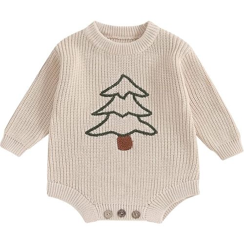 Lesimsam Newborn Baby Boy Girl Christmas Outfit Knit Sweater Romper Oversized Long Sleeve Bubble Bodysuit Warm Winter Clothes