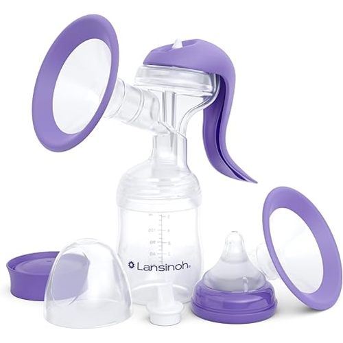 Lansinoh Manual Breast Pump, Breast Feeding Hand Pump with Comfortable Flange, Includes 5oz Baby Bottle with Slow Flow Nipple, Breastfeeding Essentials