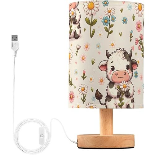 Cow Daisy Farm Animal Lamp for Girls Boys Bedroom Bedside Table Lamp with USB Port LED Kids Nightstand Lamp Wood Base Desk Living Room Decor