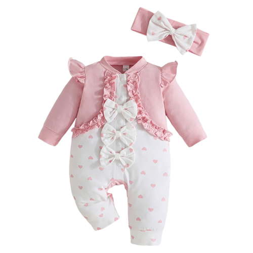 FAOWME Boys Girls Long Sleeve Prints Bowknot Romper Jumpsuit Onesie Clothes Headband Pink 1-3 Months
