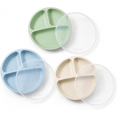 PandaEar 3 Pack Toddler Plates, Silicone Divided Suction Plate for Babies, BPA-Free 100% Food-Grade Silicone Unbreakable Baby Plate, Blue/Green/Beige, With Lids