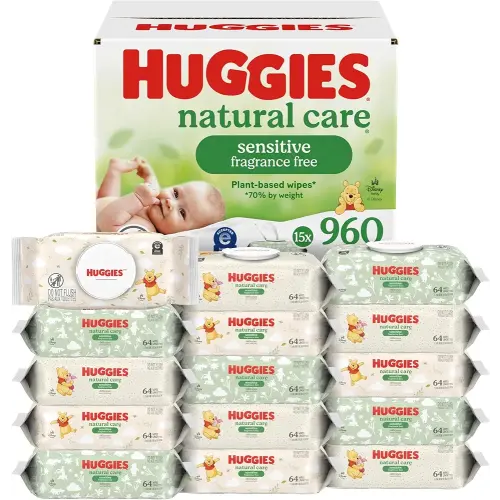 Huggies Natural Care Sensitive Baby Wipes, Unscented, Hypoallergenic, 99% Purified Water, 15 Flip-Top Packs (960 Wipes Total)
